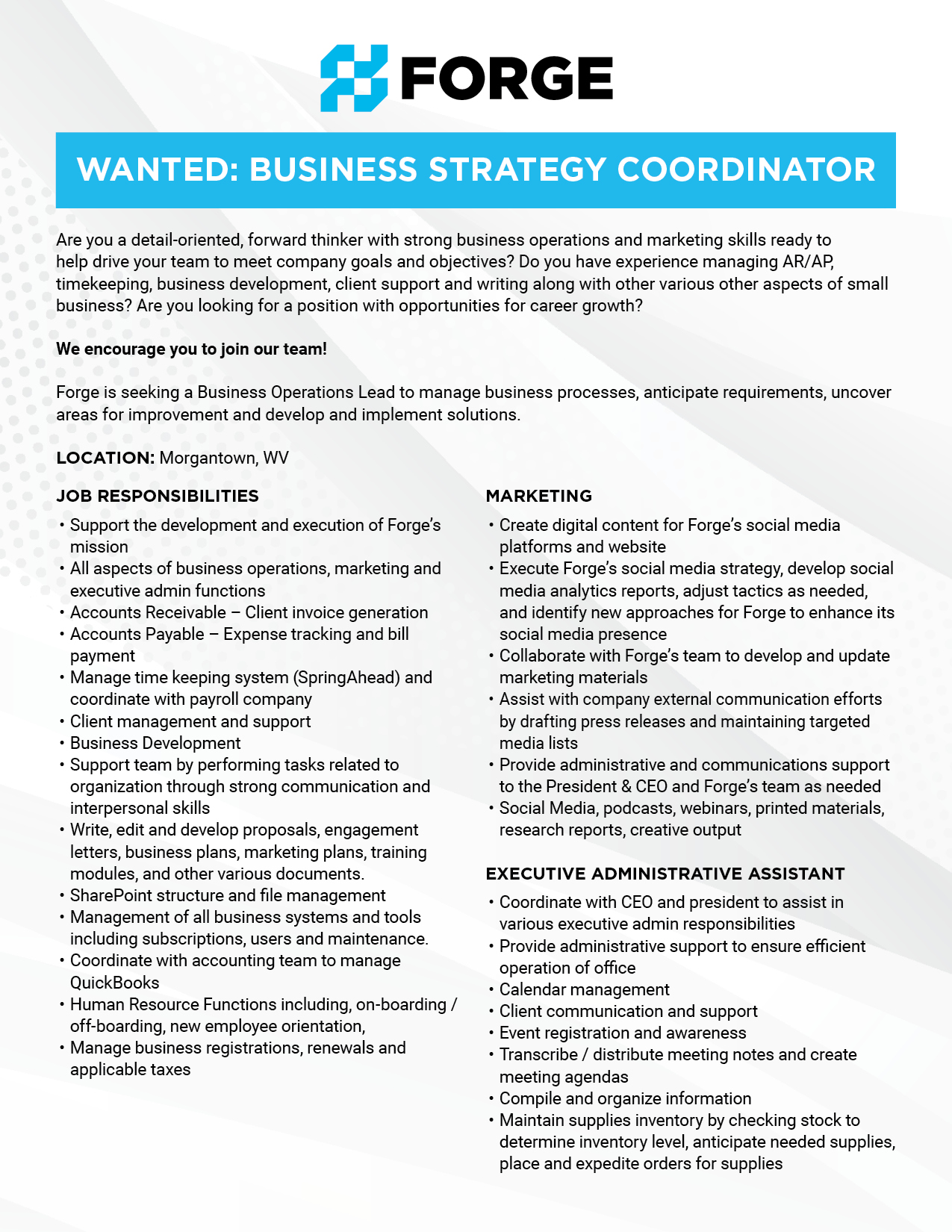 Business Strategy Coordinator Job Posting, New Jobs